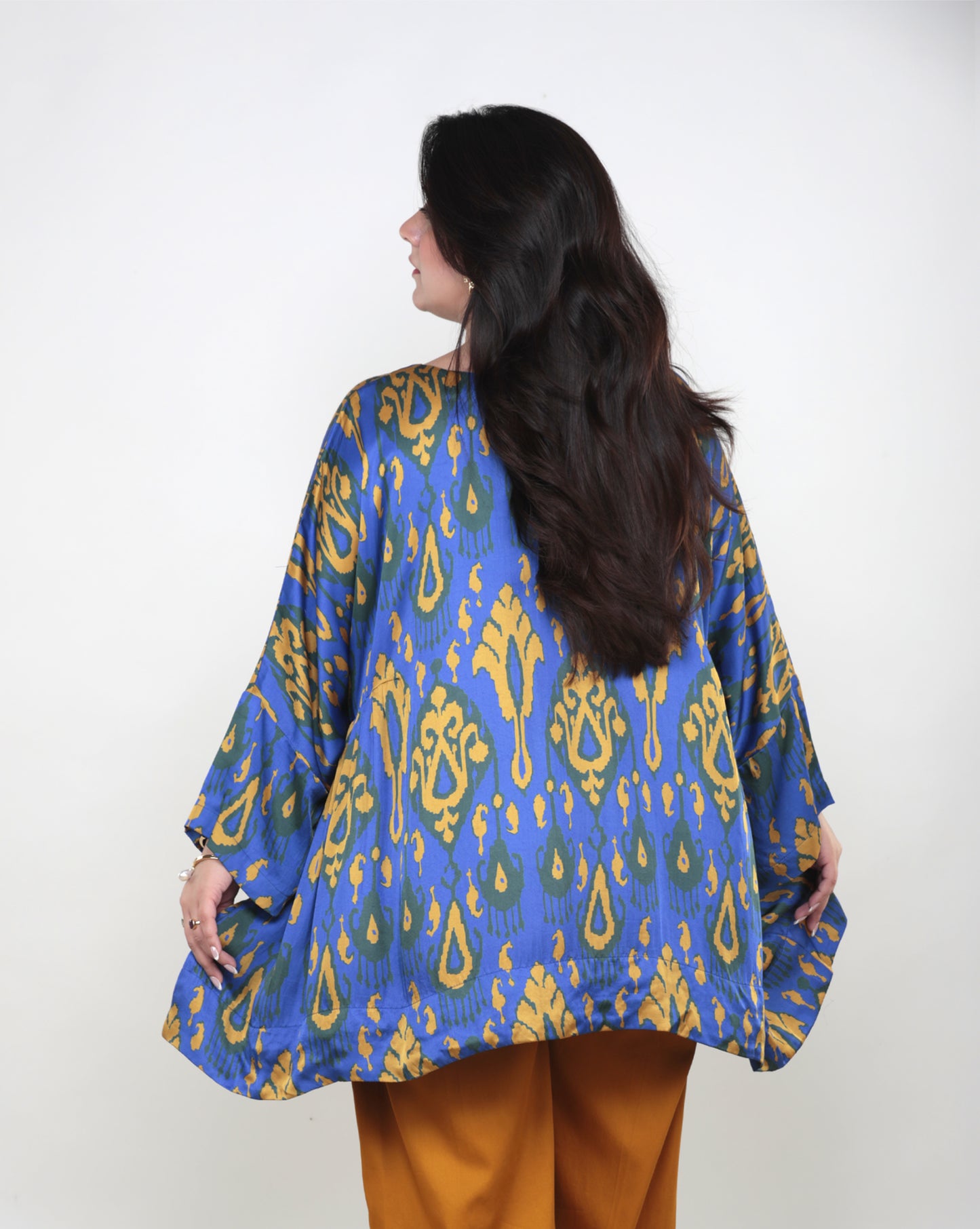 Ikat Blue Top with All-Over Mustard Yellow Print