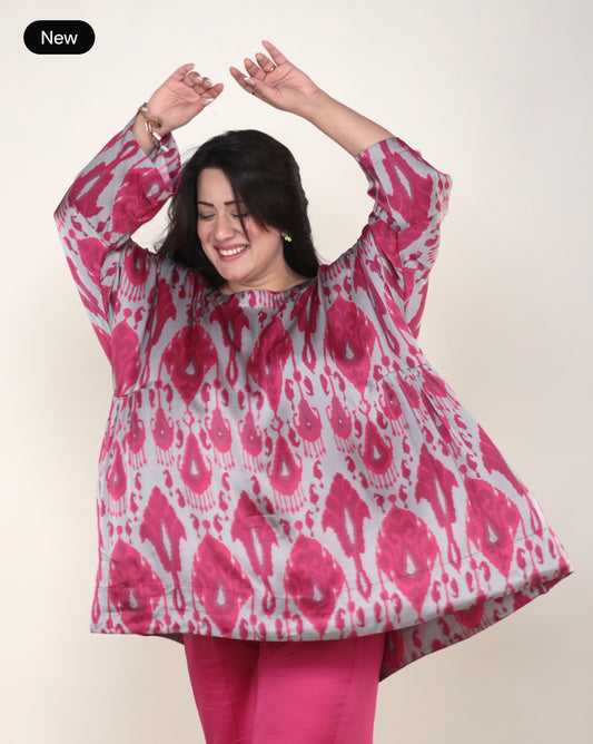 Ikat Grey Top with All-Over Pink Print