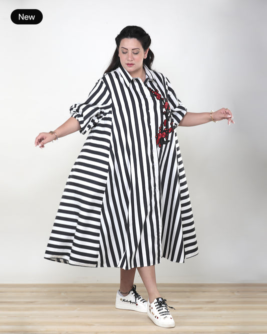 Black & White Cotton Dress with Red Floral Design