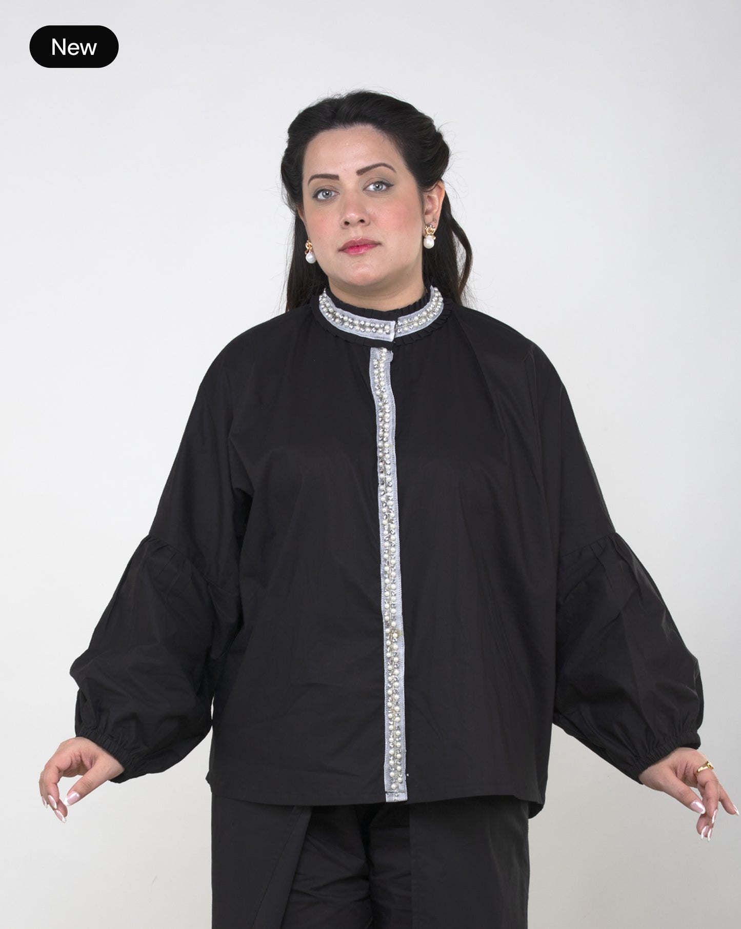 Black Pearl-Embellished Cotton Shirt