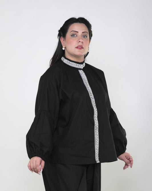 Black Pearl-Embellished Cotton Shirt