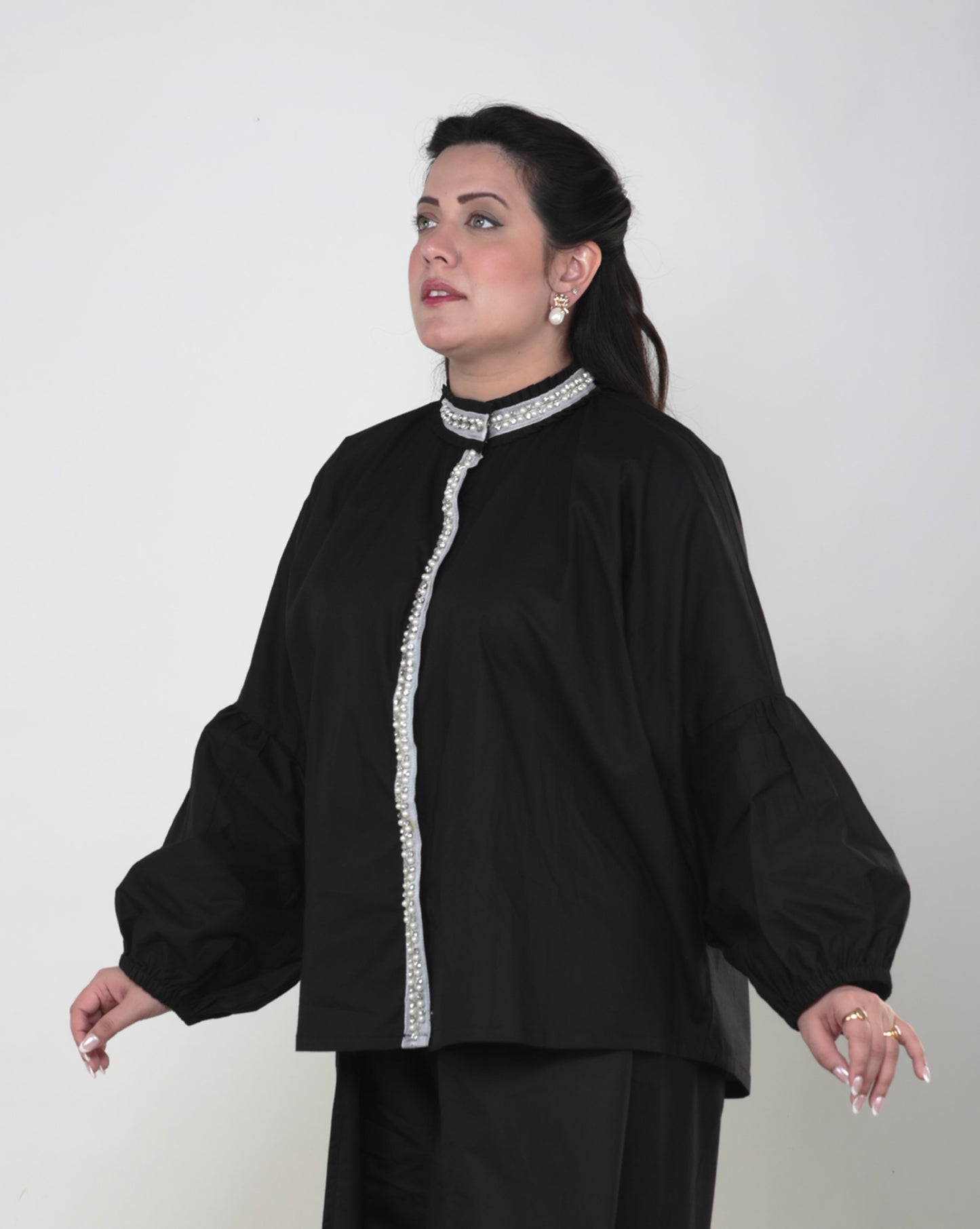 Black Pearl-Embellished Cotton Shirt
