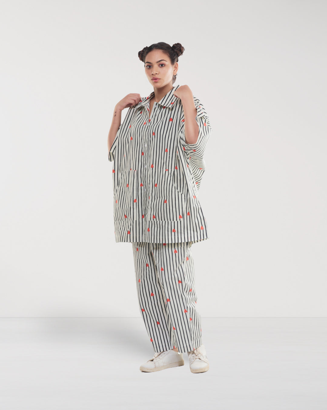 Black & White Cotton Stripe Co-ord with Red Hearts