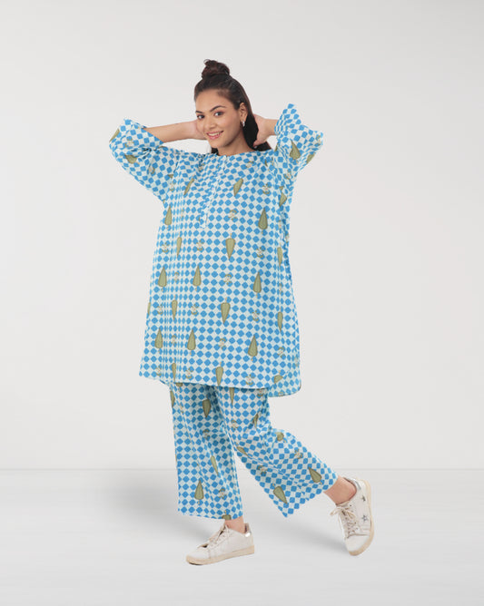 Blue & White Cotton Leaf Print Co-ord Set