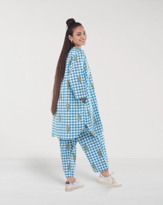 Blue & White Cotton Leaf Print Co-ord Set