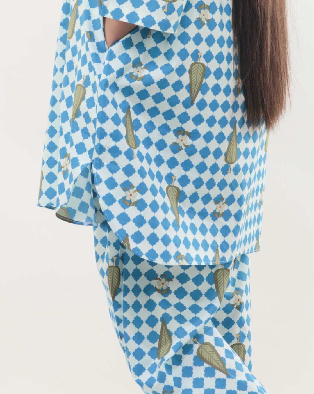 Blue & White Cotton Leaf Print Co-ord Set