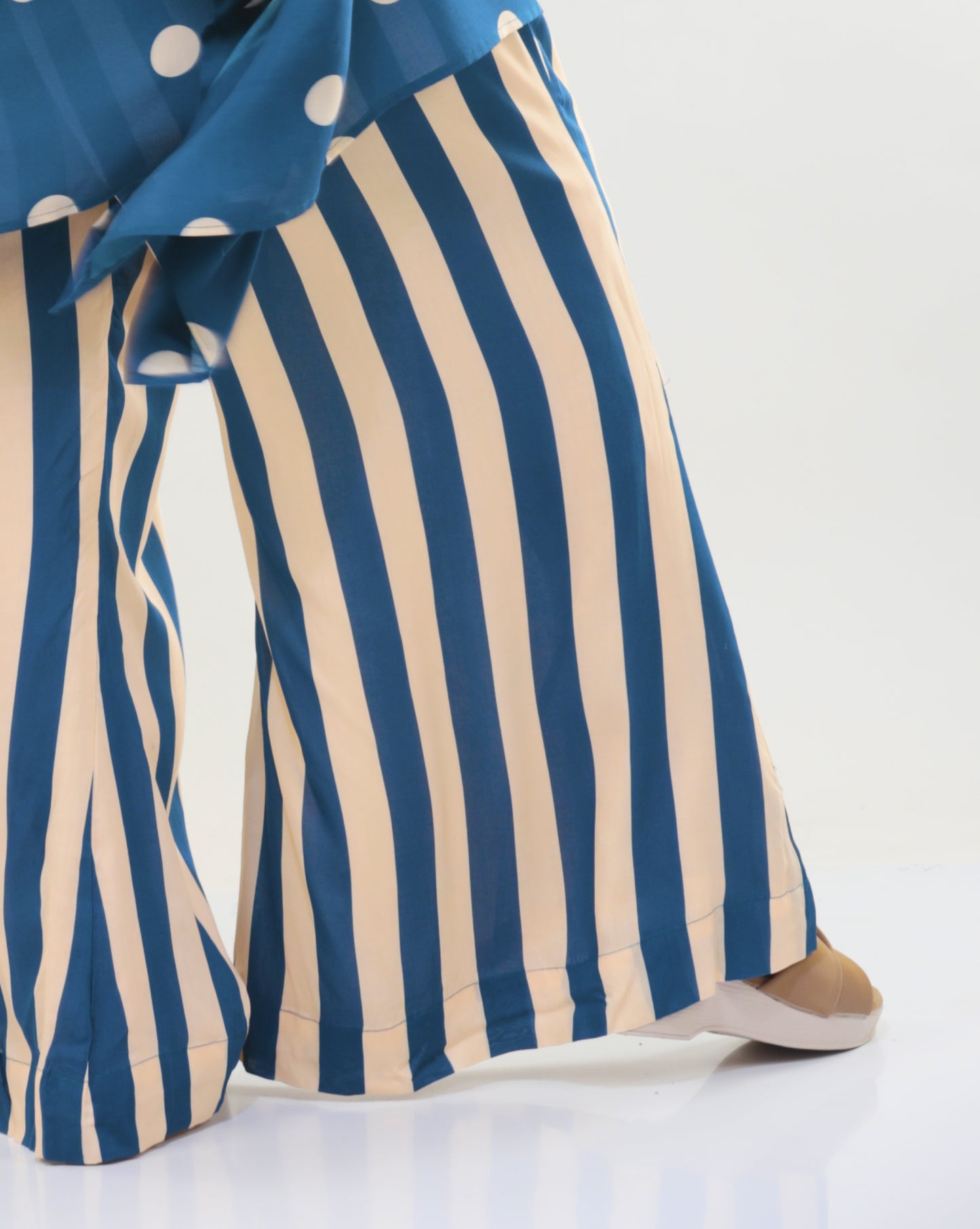 Blue & Beige Stripe Flared Pants