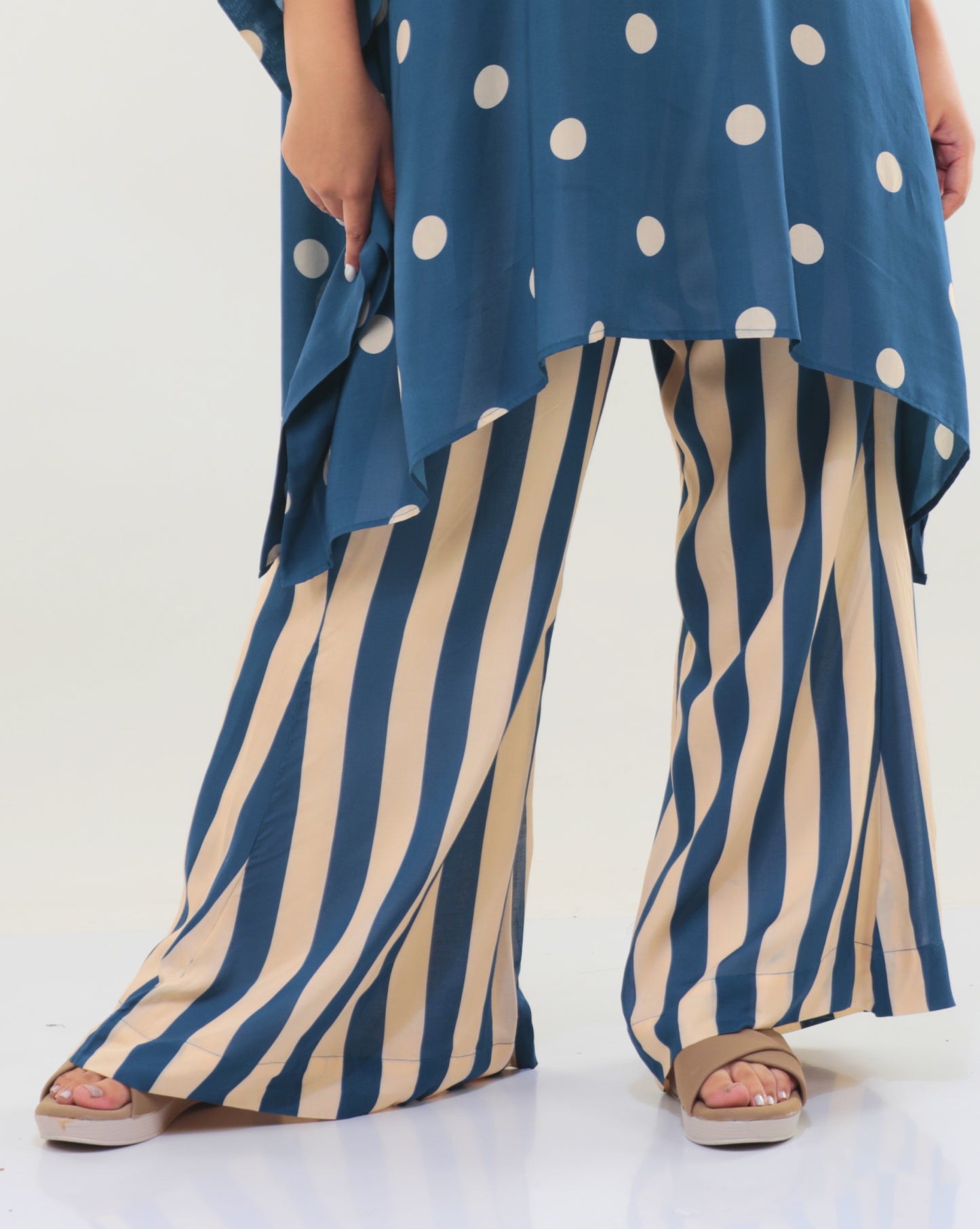 Blue & Beige Stripe Flared Pants