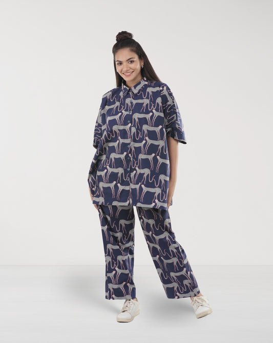 Navy Blue Cotton Panther Print Co-ord Set