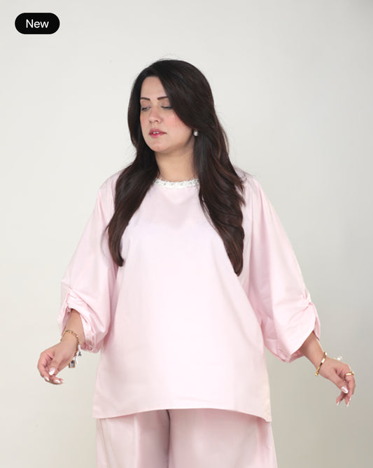 Soft Pink Cotton Top with Pearl & Beaded Neckline