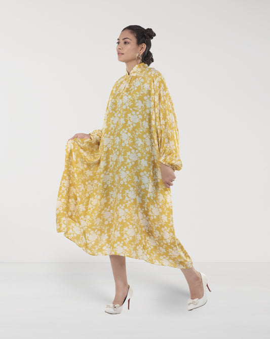 Yellow Floral Muslin A-Line Maxi Dress