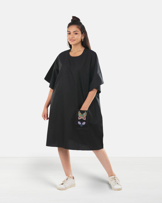 Black Cotton Pocket Dress with Beaded Patchwork