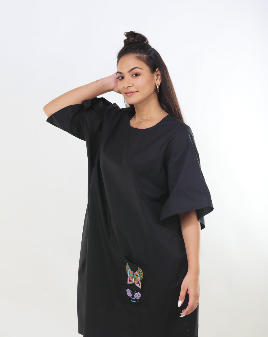 Black Cotton Pocket Dress with Beaded Patchwork