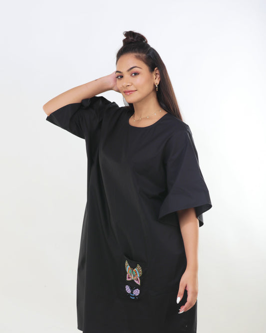 Black Cotton Pocket Dress with Beaded Patchwork