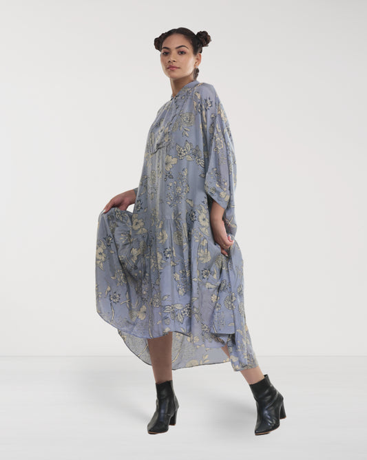 Grey Floral Drop-Waist Muslin Maxi Dress