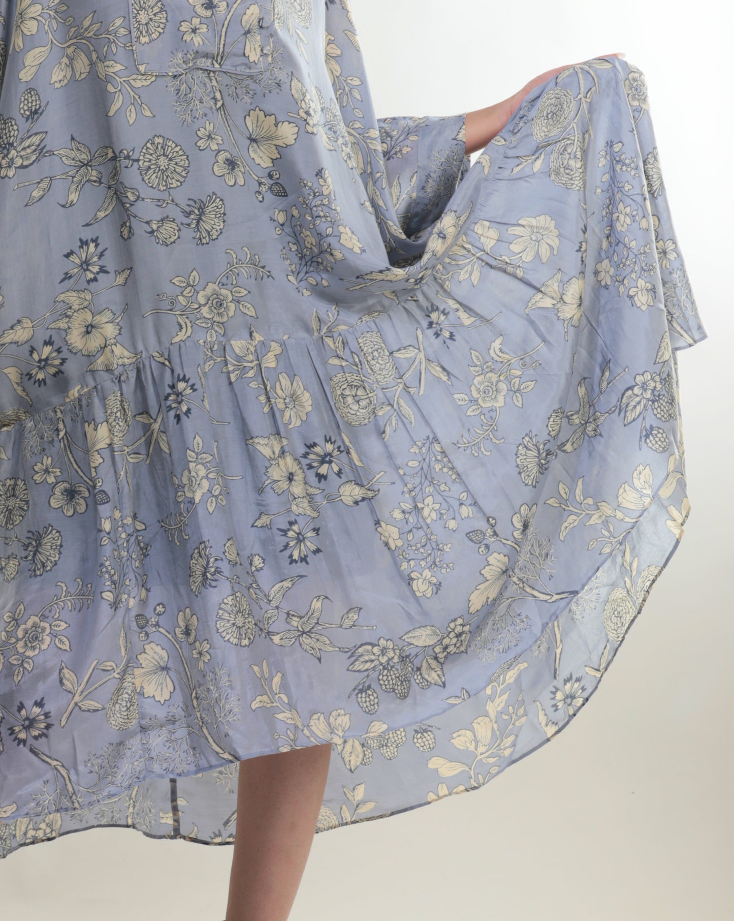 Grey Floral Drop-Waist Muslin Maxi Dress