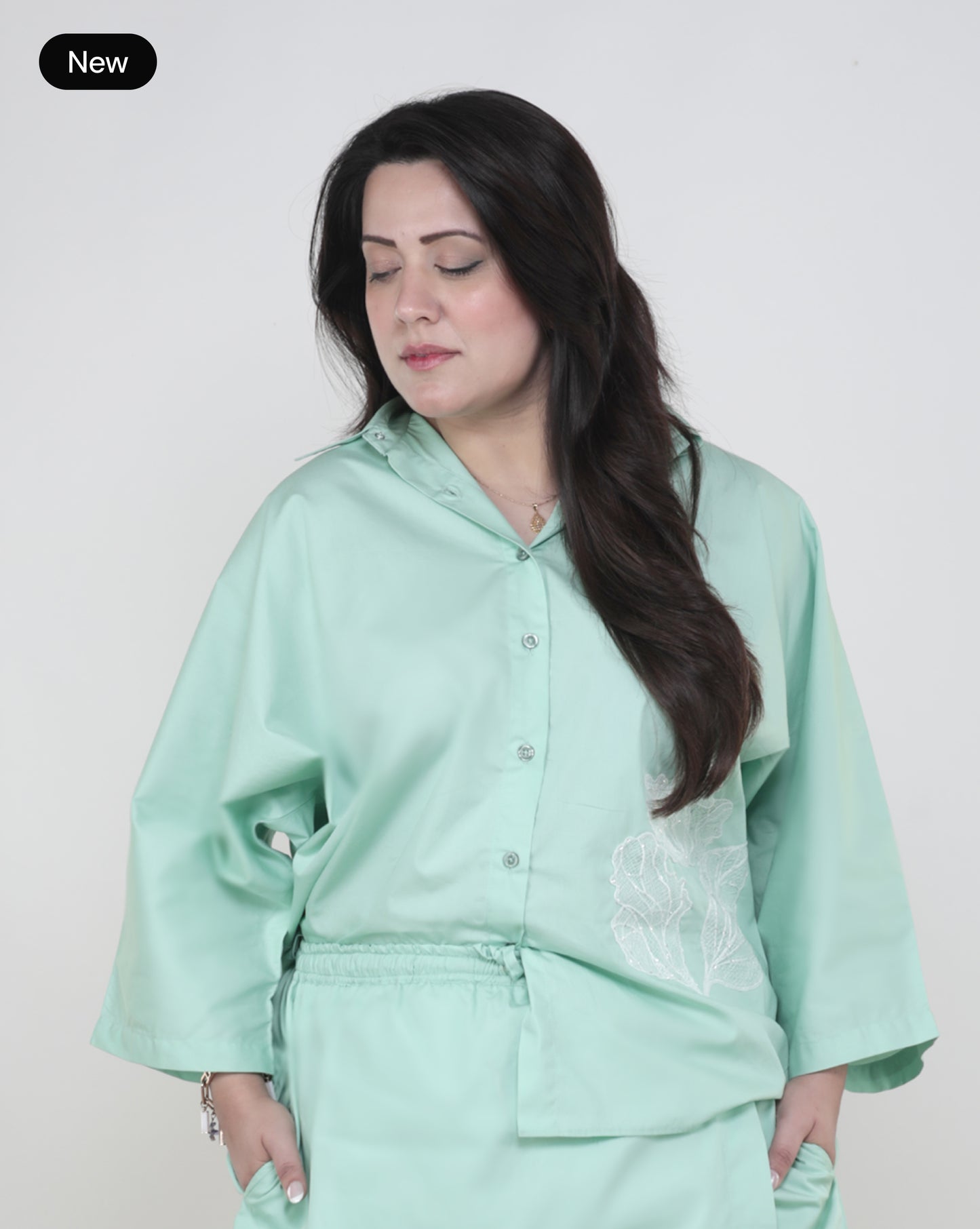 Mint Green Cotton Shirt with White Floral Embroidery