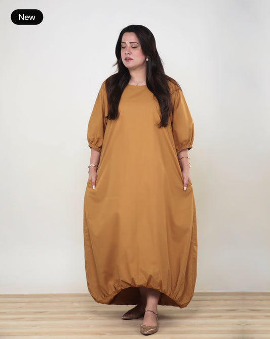 Mustard Bubble-Hem Cotton Dress