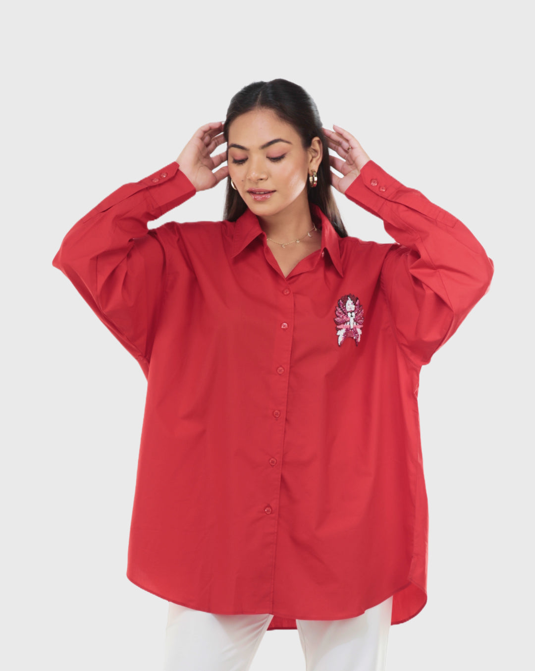 Red Cotton Shirt with Beaded Patchwork