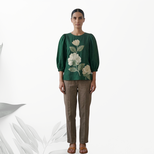Bottle Green Flora Puff Sleeve Top