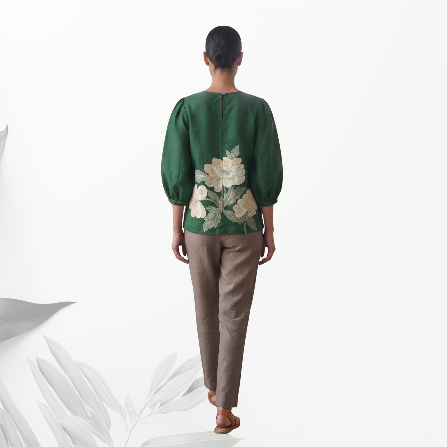 Bottle Green Flora Puff Sleeve Top