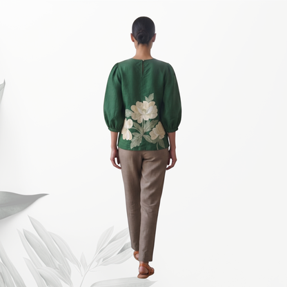 Bottle Green Flora Puff Sleeve Top
