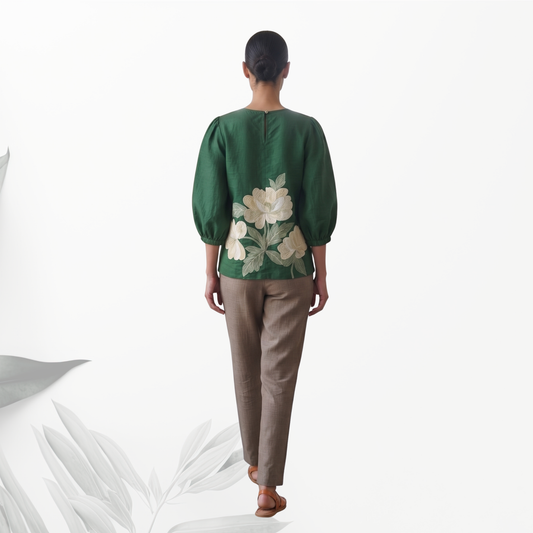 Bottle Green Flora Puff Sleeve Top