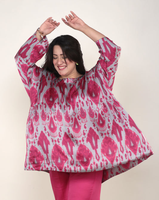 Ikat Grey Top with All-Over Pink Print