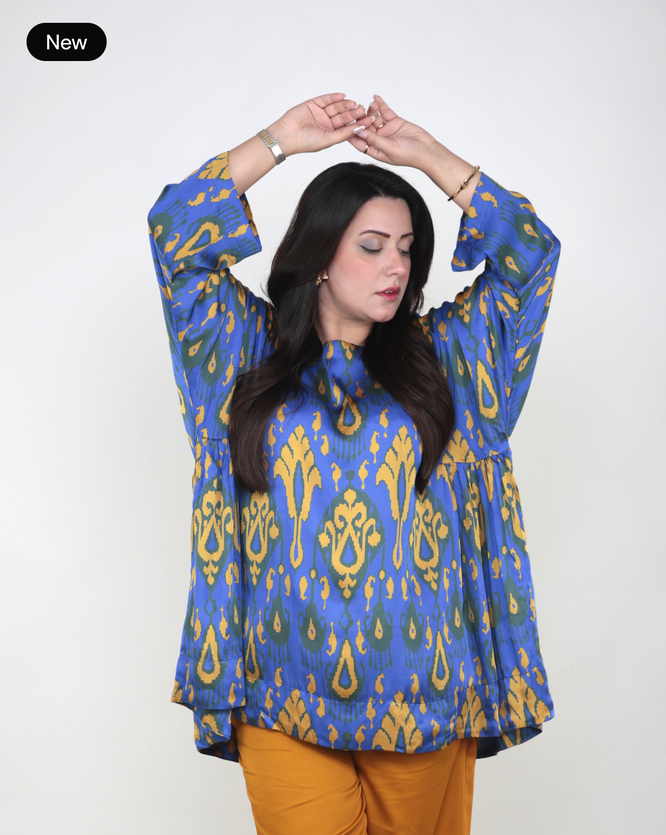 Ikat Blue Top with All-Over Mustard Yellow Print
