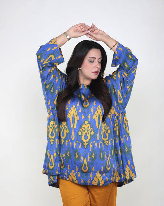 Ikat Blue Top with All-Over Mustard Yellow Print