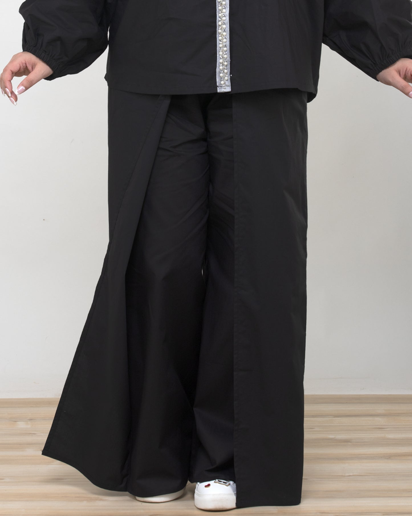 Black Cotton Pants with Waist Tie Overlay