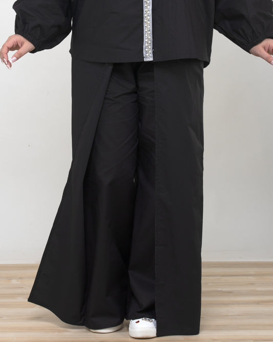 Black Cotton Pants with Waist Tie Overlay