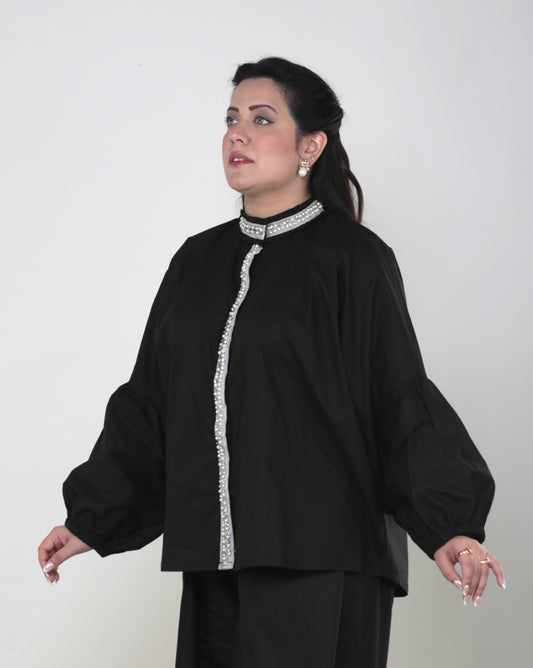 Black Pearl-Embellished Cotton Shirt