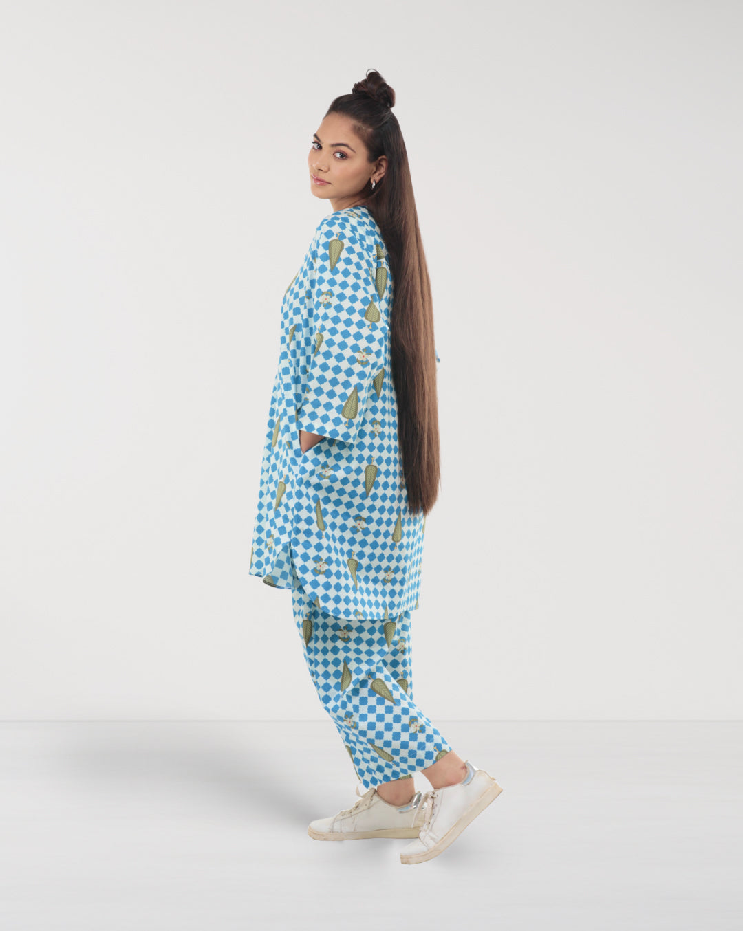 Blue & White Cotton Leaf Print Co-ord Set