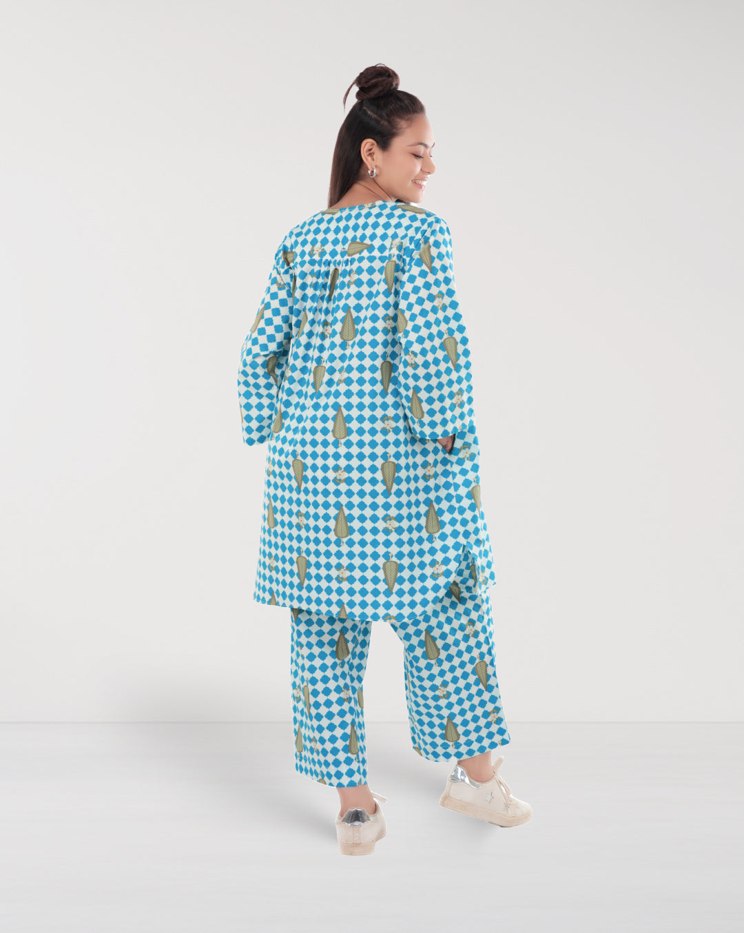 Blue & White Cotton Leaf Print Co-ord Set