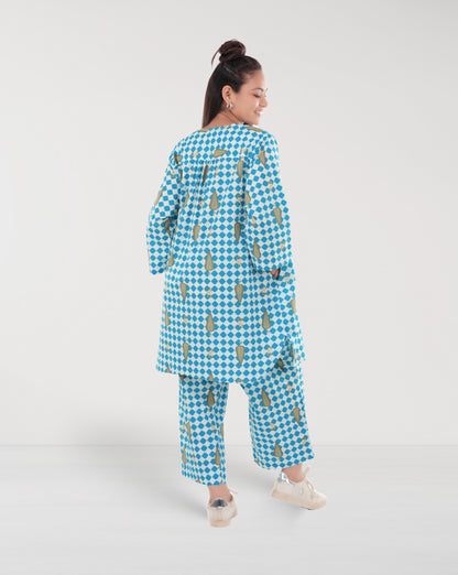 Blue & White Cotton Leaf Print Co-ord Set