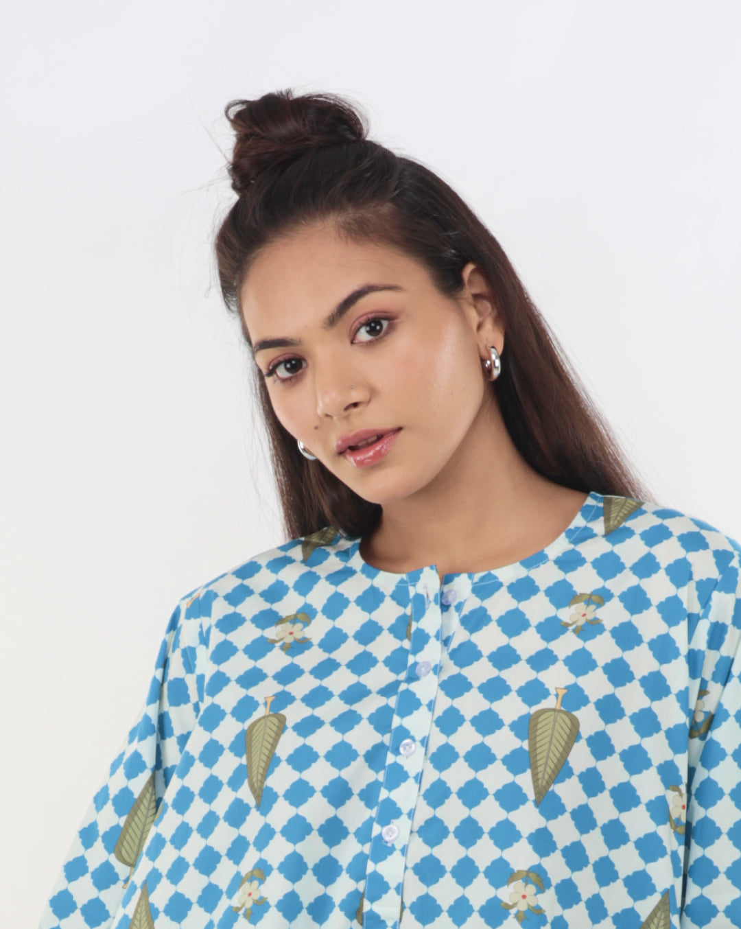 Blue & White Cotton Leaf Print Co-ord Set