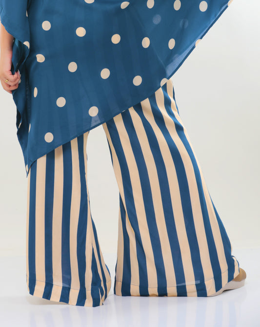 Blue & Beige Stripe Flared Pants