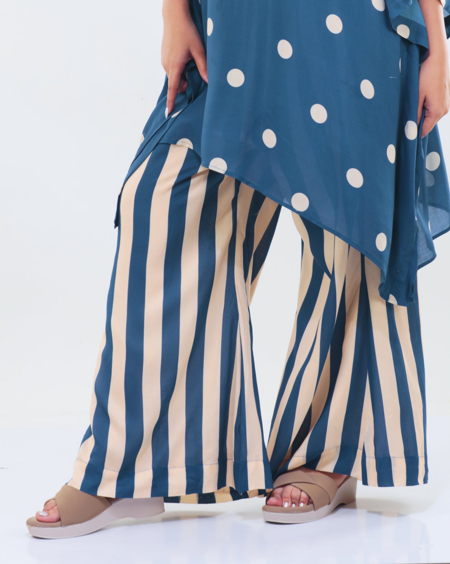 Blue & Beige Stripe Flared Pants