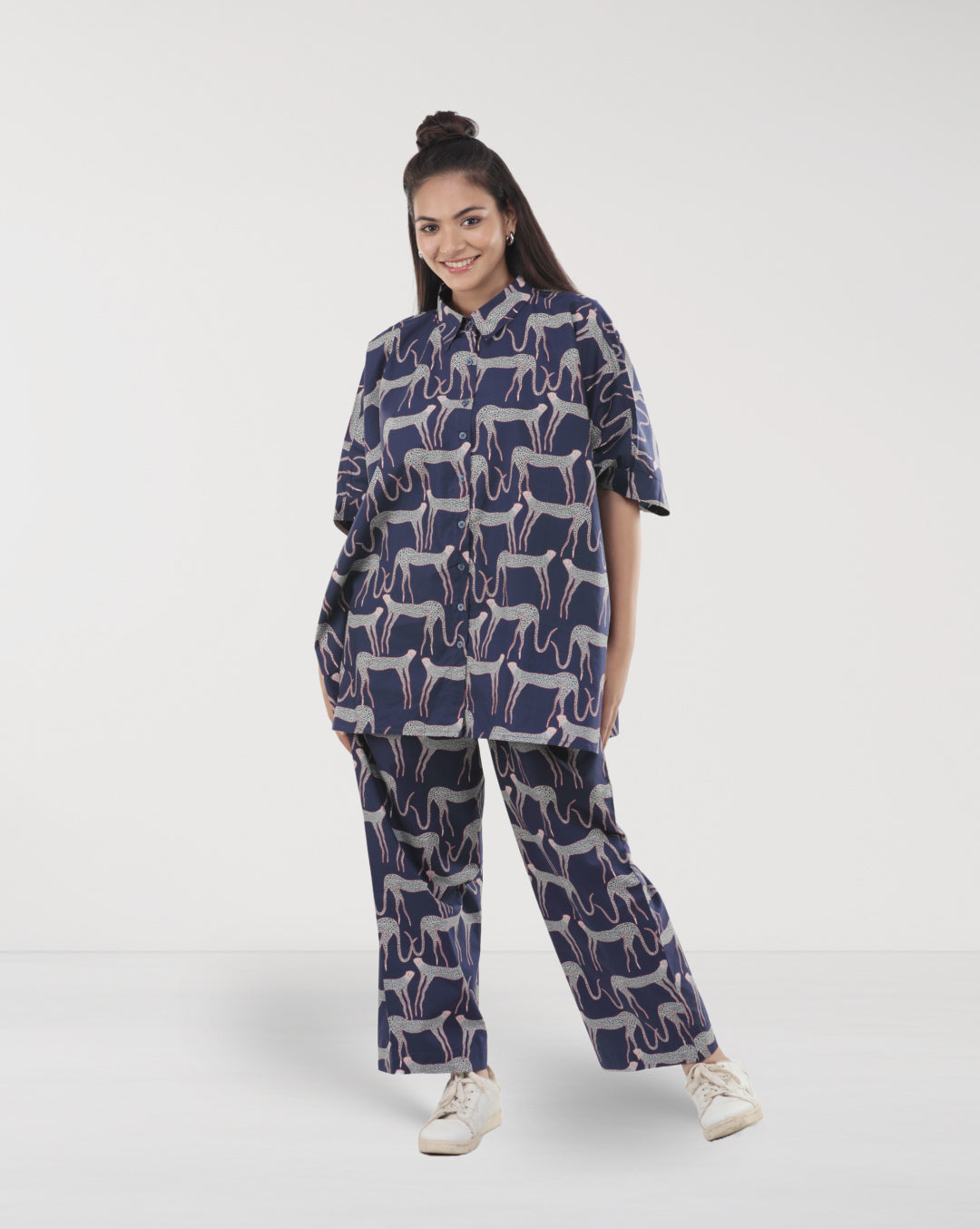 Navy Blue Cotton Panther Print Co-ord Set