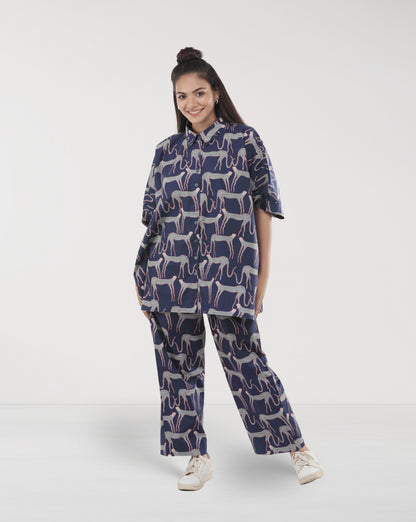 Navy Blue Cotton Panther Print Co-ord Set