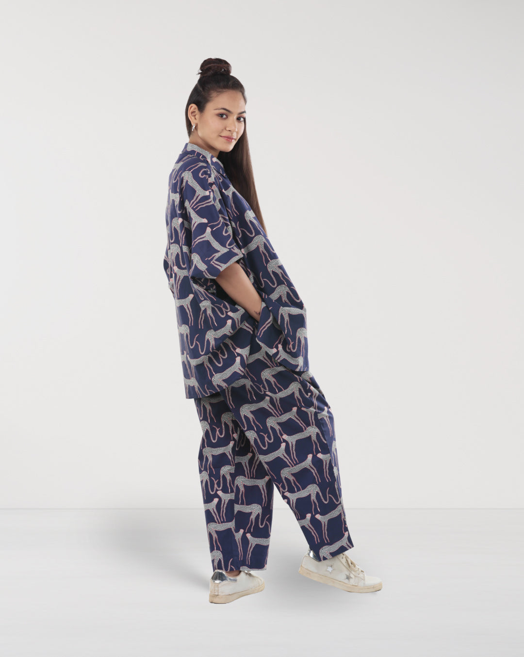 Navy Blue Cotton Panther Print Co-ord Set