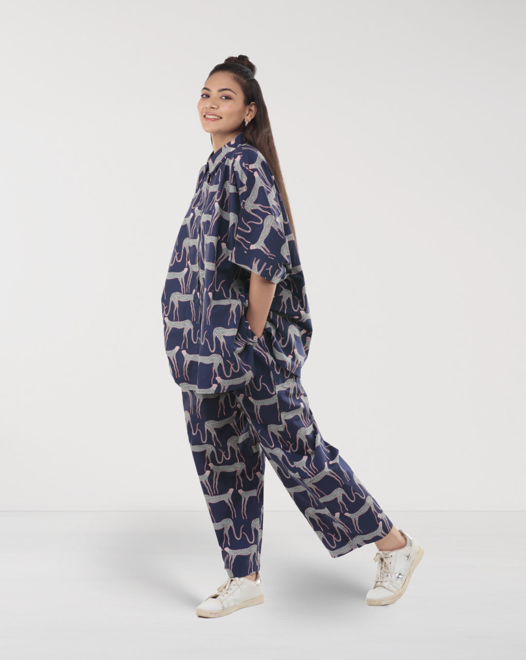 Navy Blue Cotton Panther Print Co-ord Set