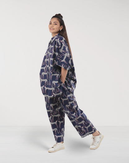 Navy Blue Cotton Panther Print Co-ord Set