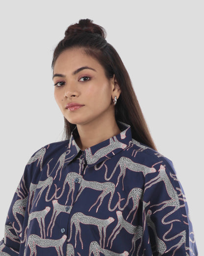 Navy Blue Cotton Panther Print Co-ord Set