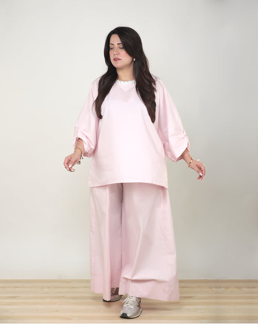 Soft Pink Cotton Top with Pearl & Beaded Neckline