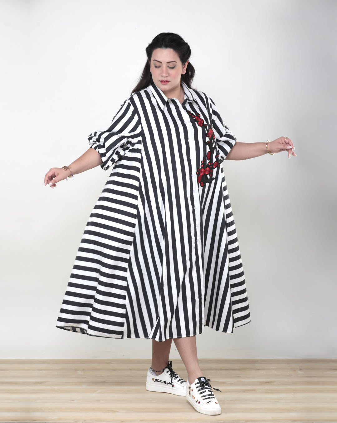 Black & White Cotton Dress with Red Floral Design