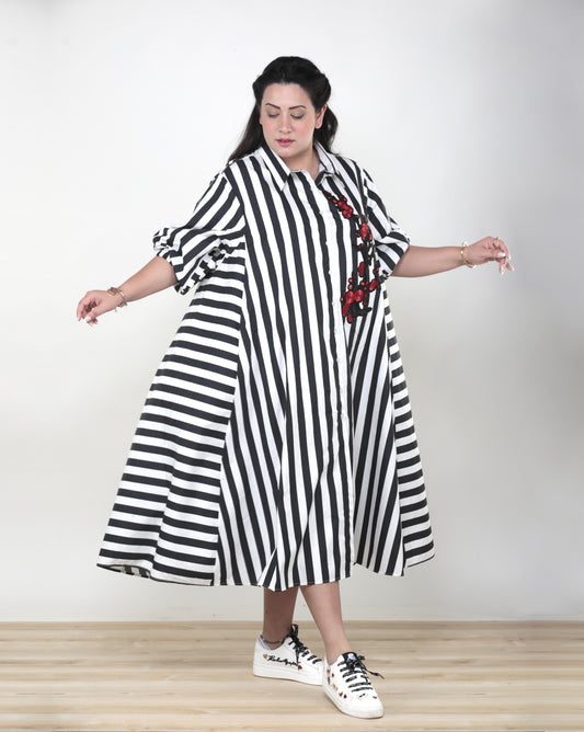 Black & White Cotton Dress with Red Floral Design