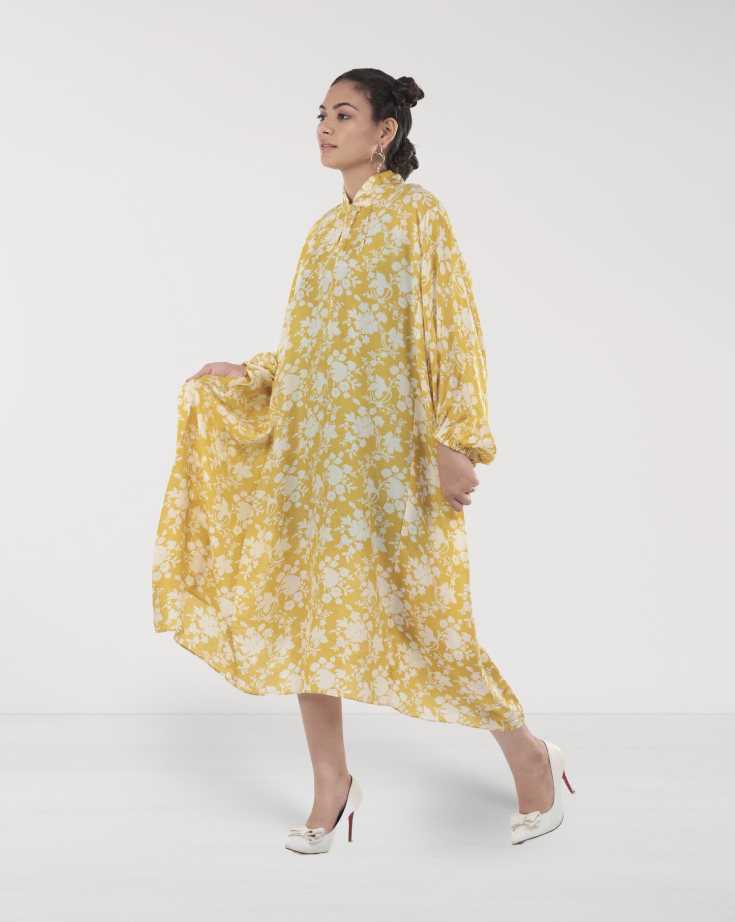 Yellow Floral Muslin A-Line Maxi Dress