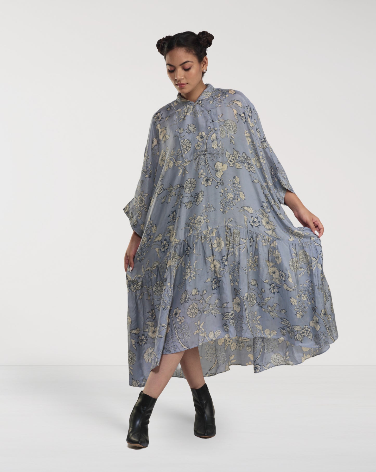 Grey Floral Drop-Waist Muslin Maxi Dress